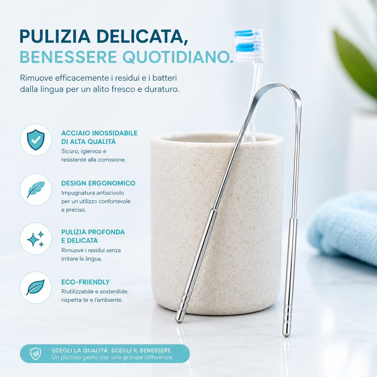 Raschietto Linguale — Acciaio Inox con Custodia da Viaggio