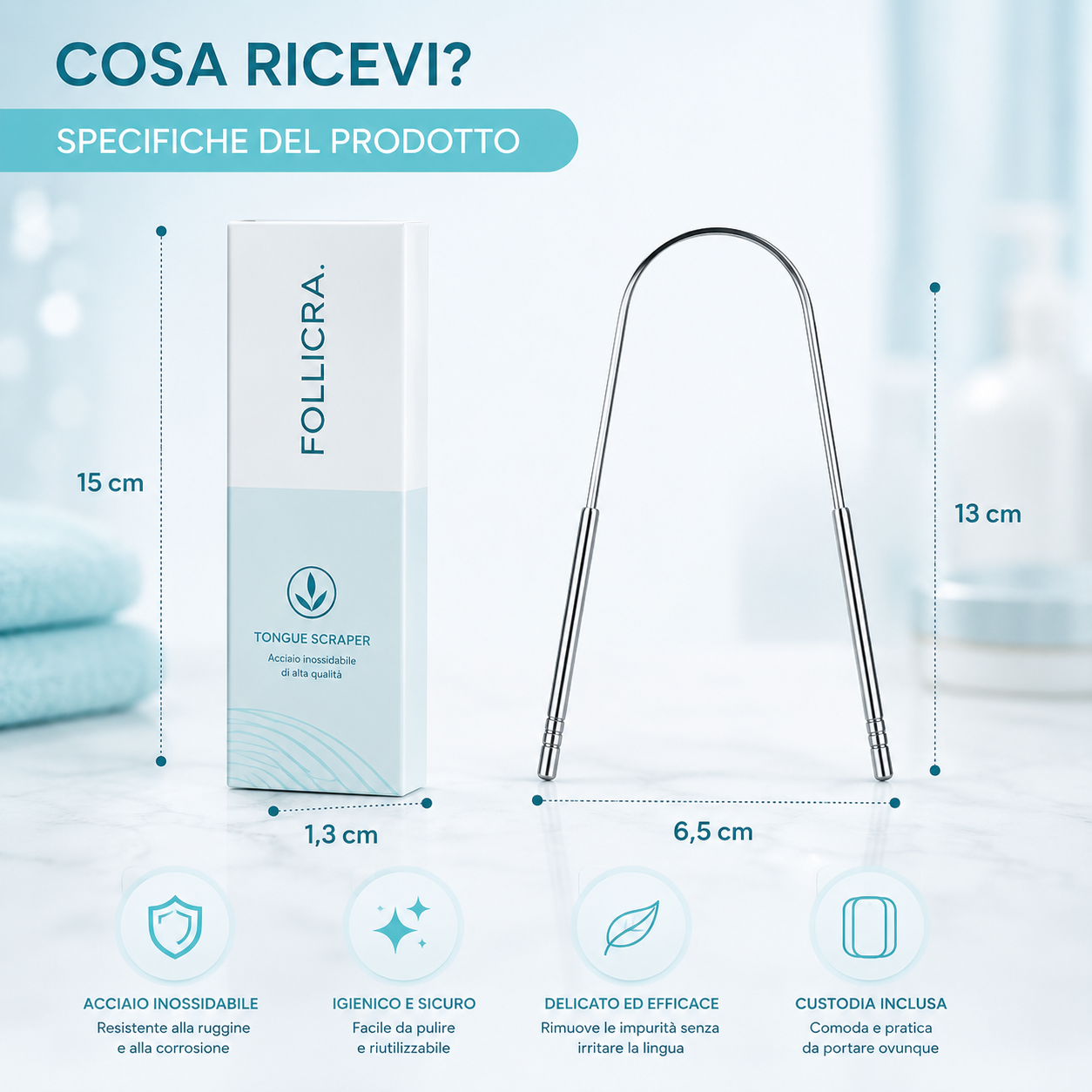 Raschietto Linguale — Acciaio Inox con Custodia da Viaggio