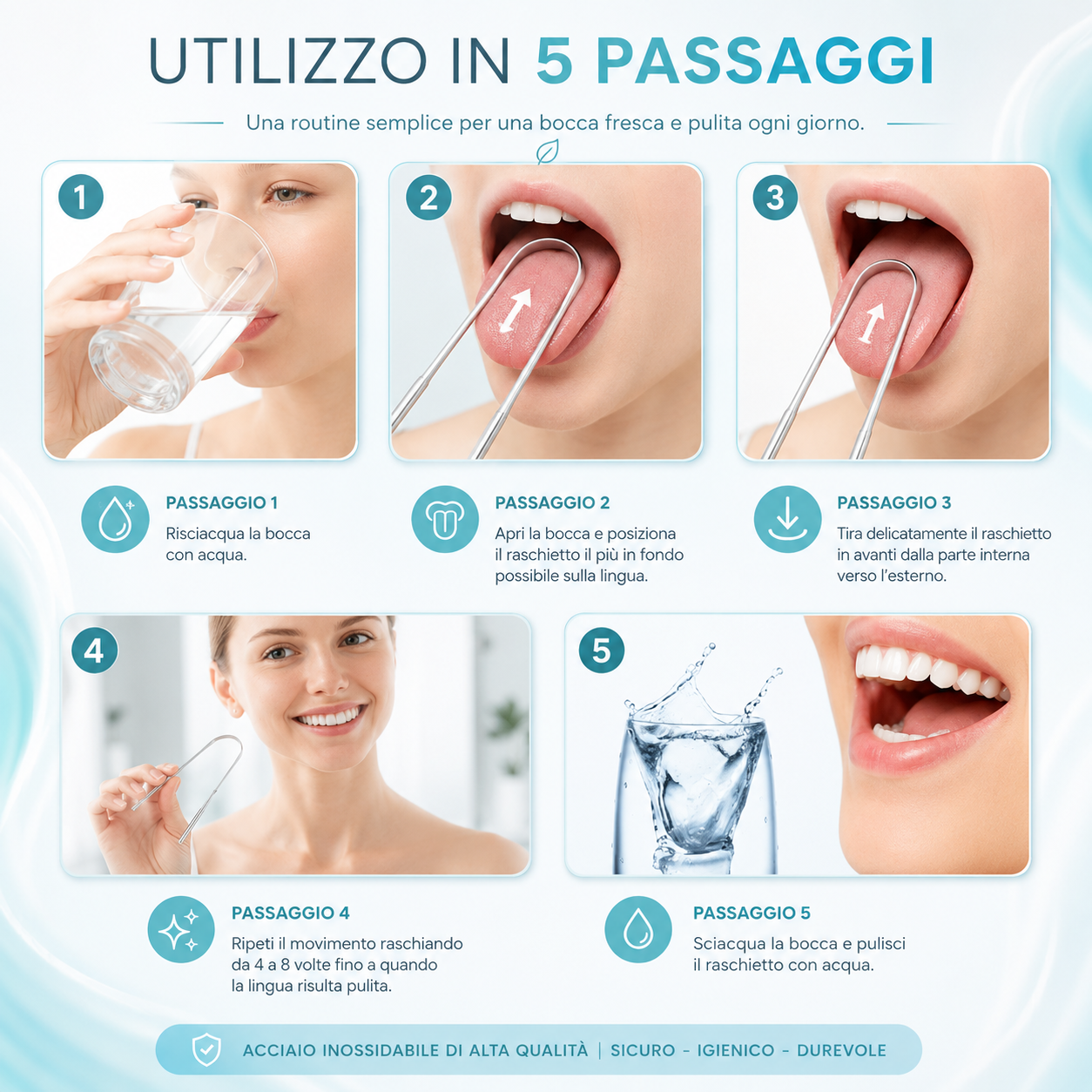 Raschietto Linguale — Acciaio Inox con Custodia da Viaggio